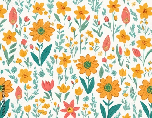 Colorful floral pattern with assorted flowers on a pale background suitable for fabric or wallpaper