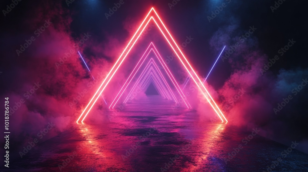 Neon Triangle Lights Reflecting on Wet Ground with Smoke Neon Triangle Lights Reflecting on Wet Ground with Smoke