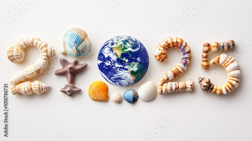 2025 made of seashells and starfish on a blue Background, with the planet Earth in the center. Concept for the New Year, World Environment Day, Earth Day or World oceans day ...