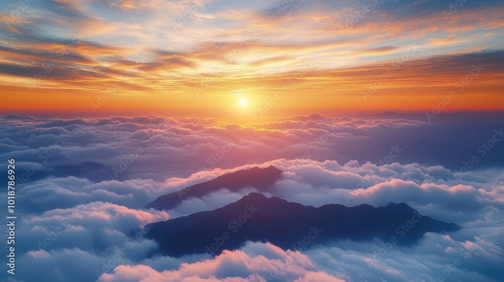 Sunset Over Cloud-Covered Mountains. Sunset Over Cloud-Covered Mountains.