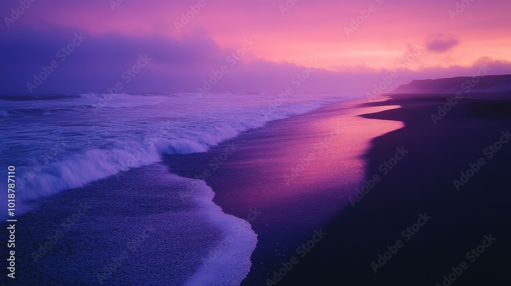 Fototapeta premium Waves Crashing on a Purple Sand Beach at Sunset