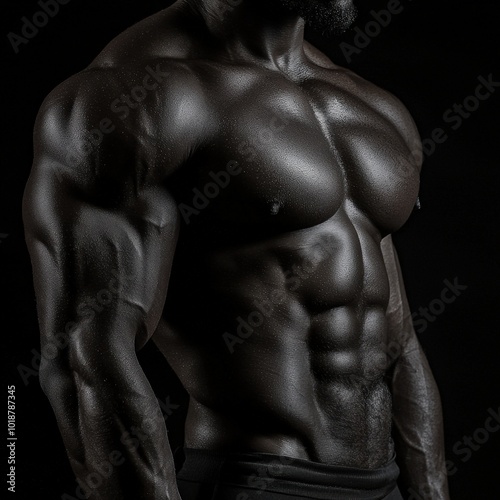 A strong, muscular man showcasing fitness and body sculpting against a dark background, emphasizing strength and physical development. photo