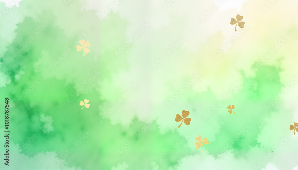 A soft textured background with green hues and golden clovers, perfect for St. Patrick's Day A soft textured background with green hues and golden clovers, perfect for St. Patrick's Day