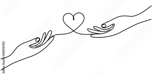 One continuous single line drawing of hand give love isolated on white background minimalism design, Caring Continuous Line Icon, Hand holding heart continuous one line drawing. Love concept. Vector