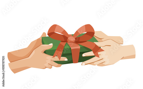 Two hands exchanging a green gift box with a red bow on a white background. Vector illustration