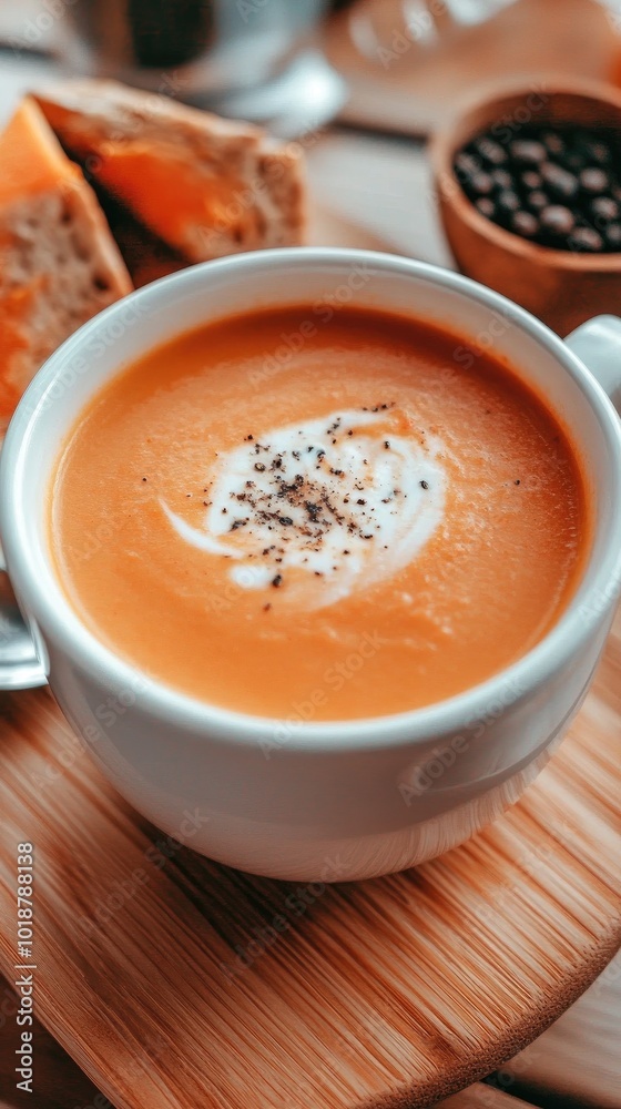 A vibrant bowl of butternut squash and sweet potato soup garnished with sour cream and coffee beans beside toast in an elegant restaurant setting A vibrant bowl of butternut squash and sweet potato soup garnished with sour cream and coffee beans beside toast in an elegant restaurant setting