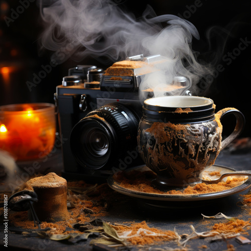 Steaming Coffee with Vintage Camera and Candlelight
 photo