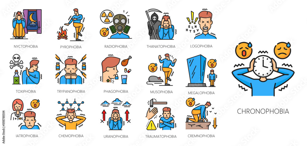 Psychology problems, human phobia color line icons, mental health and anxiety disorder. Vector outline men with symptoms of traumatophobia, pyrophobia and thanatophobia, toxiphobia and atrophobia Psychology problems, human phobia color line icons, mental health and anxiety disorder. Vector outline men with symptoms of traumatophobia, pyrophobia and thanatophobia, toxiphobia and atrophobia