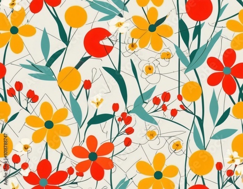 Colorful floral pattern with assorted flowers on a pale background suitable for fabric or wallpaper
