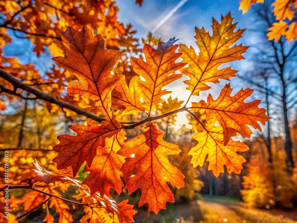 Golden Oak Leaves in Autumn Sunlight, Natural Background of Fall Foliage and Vibrant Colors Golden Oak Leaves in Autumn Sunlight, Natural Background of Fall Foliage and Vibrant Colors