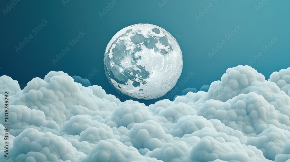 Obraz premium Full moon shining brightly behind fluffy white clouds against a dark blue sky.