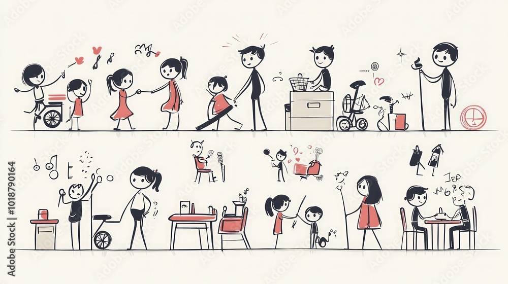 Fototapeta premium A collection of stick figure illustrations depicting a familya??s daily routines, capturing the essence of their everyday life and activities.
