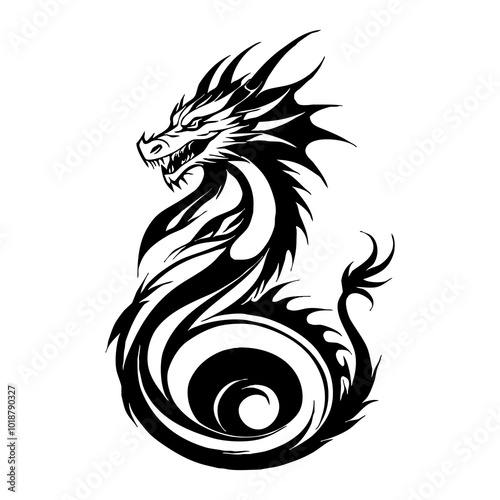 Dragon. Line art. Logo design for use in graphics. T-shirt print, tattoo design. Minimalist illustration for printing on wall decorations.