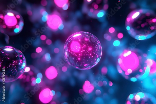 Glowing Spheres with Pink and Blue Bokeh in a Dark Background