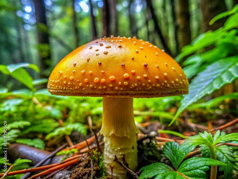 Fototapeta premium Golden Teacher Mushroom with Little Black Hairs on Cap Surrounded by Lush Greenery in Nature