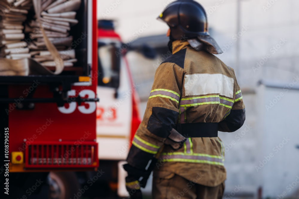 Group of fire men in uniform during fire fighting operation in the city streets, firefighters with the fire engine truck vehicle in the background, emergency and rescue, fire drill, exercise training Group of fire men in uniform during fire fighting operation in the city streets, firefighters with the fire engine truck vehicle in the background, emergency and rescue, fire drill, exercise training