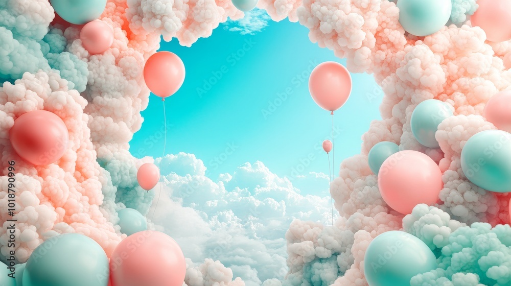 Pink and Blue Balloons Floating Above a Fluffy Cloud Landscape Pink and Blue Balloons Floating Above a Fluffy Cloud Landscape