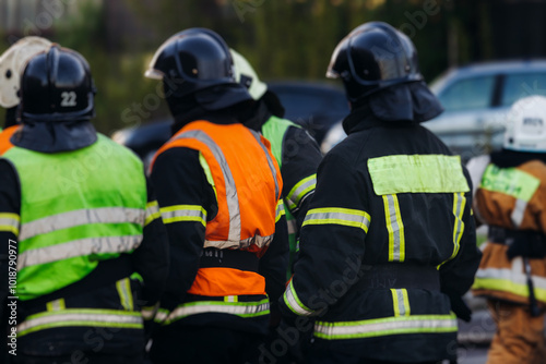 Group of fire men in uniform during fire fighting operation in the city streets, firefighters with the fire engine truck vehicle in the background, emergency and rescue, fire drill, exercise training