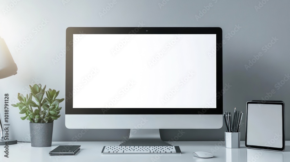 Modern workspace with a blank computer screen, keyboard, mouse, tablet, plant, and lamp. Modern workspace with a blank computer screen, keyboard, mouse, tablet, plant, and lamp.