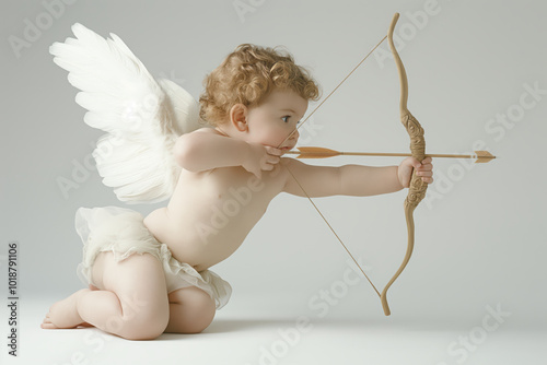 cute curly baby cupid shoots an arrow from his bow, valentines day