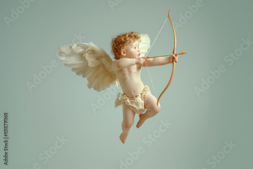 cute curly baby cupid shoots an arrow from his bow, valentines day