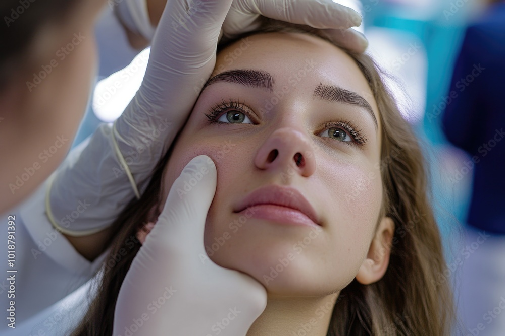 Fototapeta premium A close-up of a woman having her eyebrows shaped and trimmed by a professional doctor in a medical setting