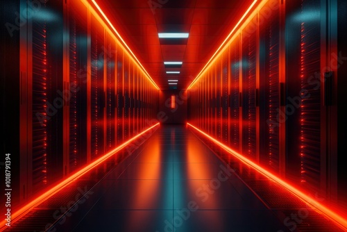 A Red-Lit Corridor in a Modern Server Room