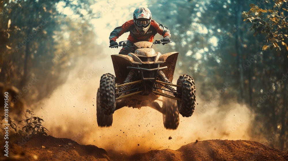 An adrenaline-fueled moment as a rider jumps over dirt on an ATV ...