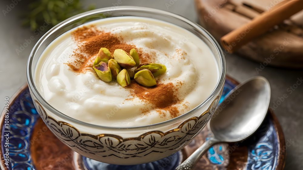 A bowl of creamy rice pudding with a sprinkle of cinnamon and crushed pistachios. Smooth and thick with a rich, milky flavor, served in a decorative glass bowl.
A bowl of creamy rice pudding with a sprinkle of cinnamon and crushed pistachios. Smooth and thick with a rich, milky flavor, served in a decorative glass bowl.