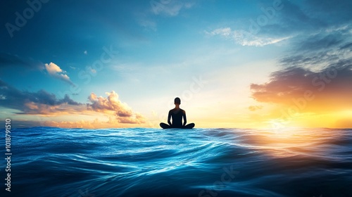 Serene Seated Figure in Calming Ocean at Dusk