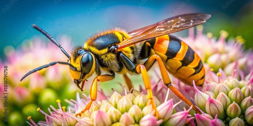 Great Golden Digger Wasp on a Flower, Captivating Nature Photography of an Insect Close-Up Great Golden Digger Wasp on a Flower, Captivating Nature Photography of an Insect Close-Up