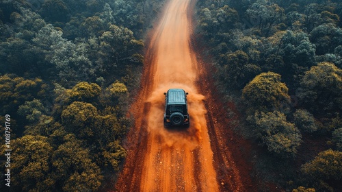 An aerial view of a vehicle driving on a winding dirt road surrounded by lush green trees and natural landscapes. photo