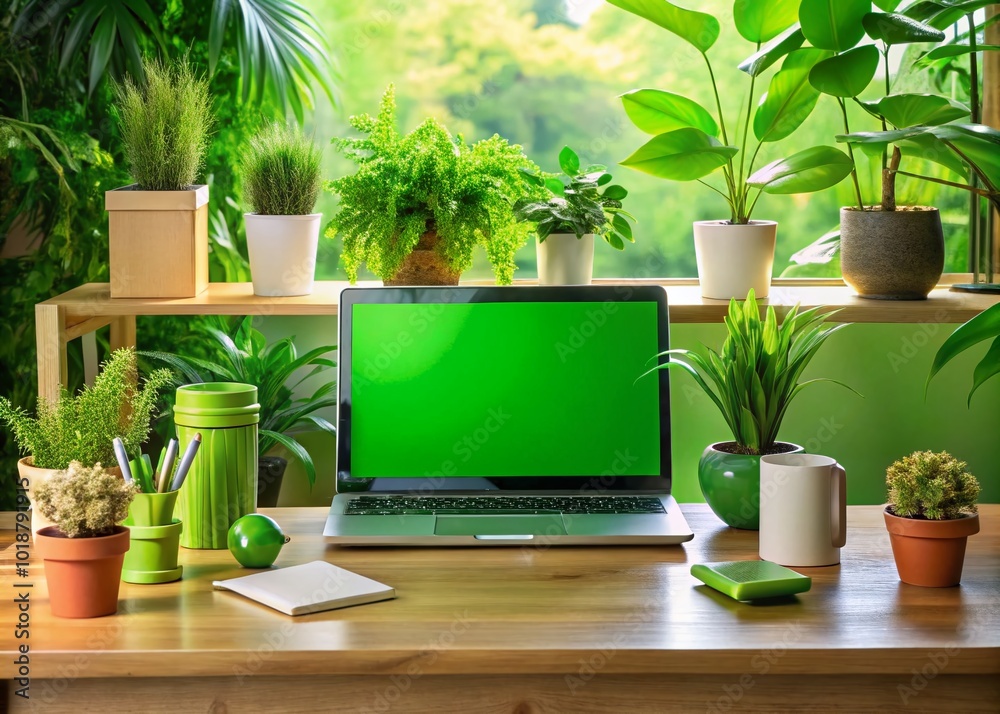 Fototapeta premium Green Computer on Desk with Eco-Friendly Accessories and Plants for Sustainable Technology Concept