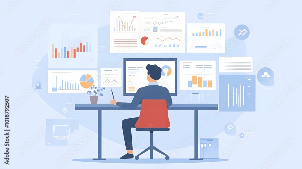 Flat vector illustration of an IT professional sitting at their desk, surrounded by data visualizations and graphs on the screen Flat vector illustration of an IT professional sitting at their desk, surrounded by data visualizations and graphs on the screen