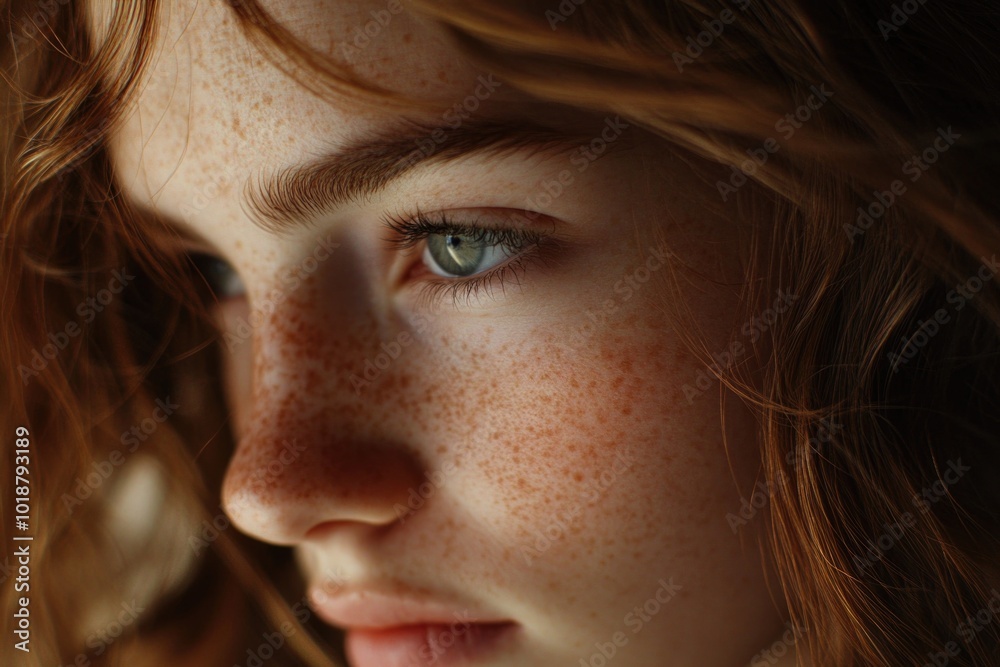 Close-up portrait of a woman with freckles, natural beauty Close-up portrait of a woman with freckles, natural beauty