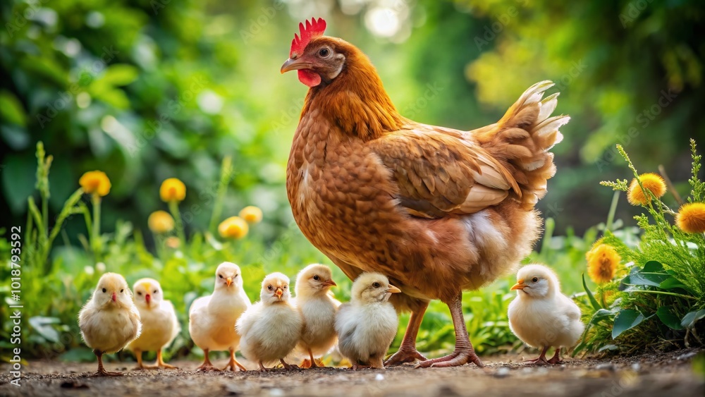 Fototapeta premium Heartwarming Images of Hen with Adorable Chicks in a Natural Outdoor Farm Setting