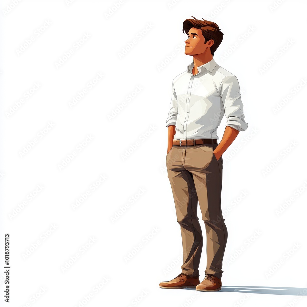 A young man stands confidently with hands in pockets, dressed in a white shirt and beige pants against a minimalist background A young man stands confidently with hands in pockets, dressed in a white shirt and beige pants against a minimalist background