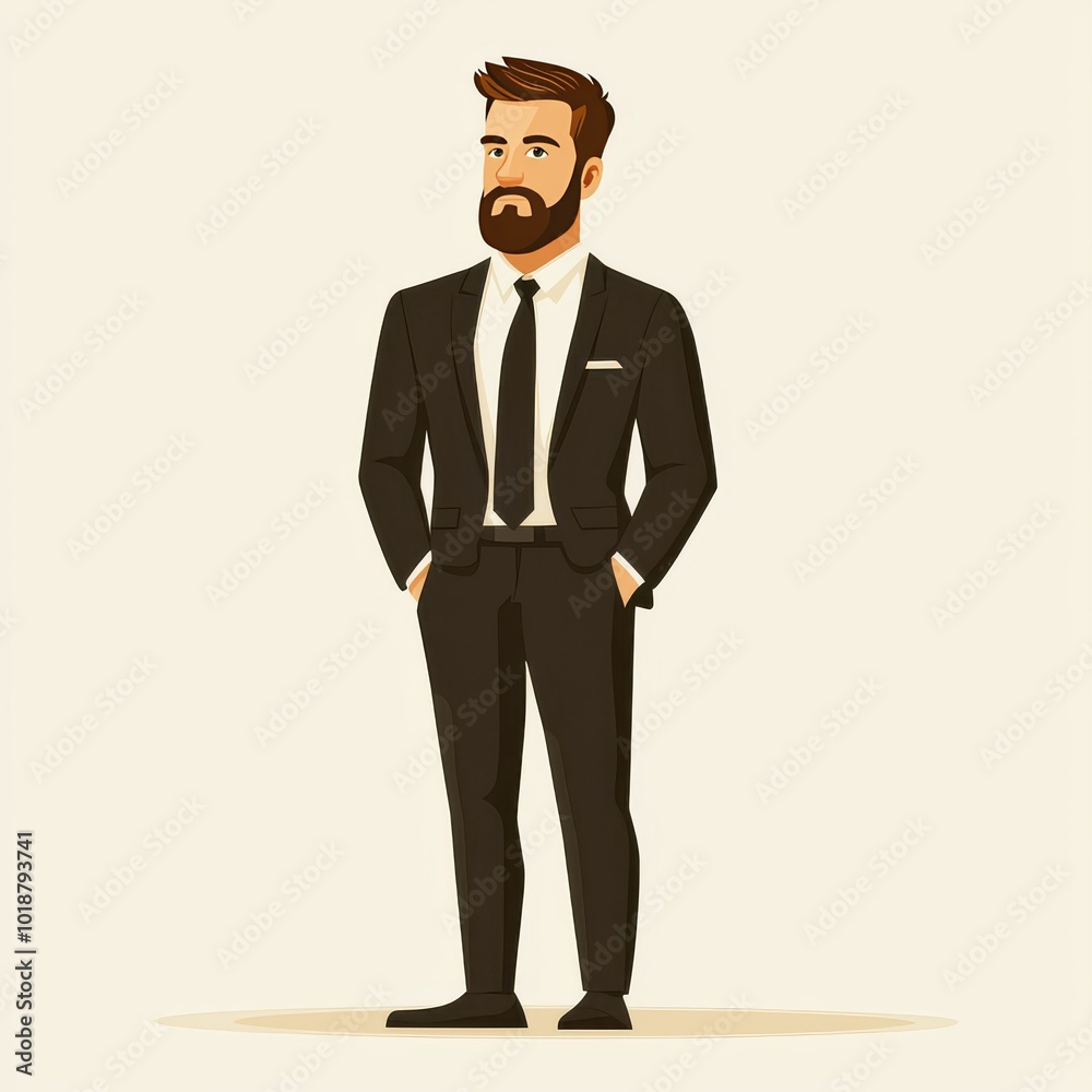 A stylish man in a formal black suit stands confidently with hands in pockets against a simple background A stylish man in a formal black suit stands confidently with hands in pockets against a simple background