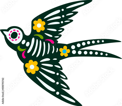 Mexican day of the dead swallow animal tattoo. Isolated vector vibrant sugar skull of flying bird with bones, intricate patterns, bold colors and floral motifs symbolizing cycle of life and death