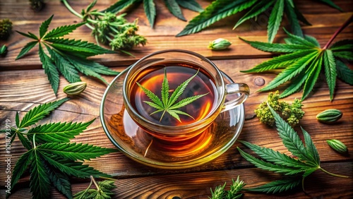 Herbal tea blend with cannabis leaves, warm cup, and natural ingredients on wooden table backdrop