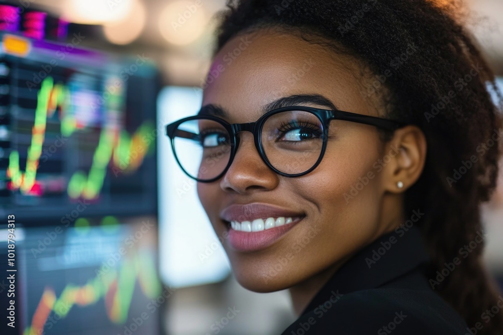 A smiling woman wearing glasses sits in front of a computer screen, perfect for office or educational settings A smiling woman wearing glasses sits in front of a computer screen, perfect for office or educational settings