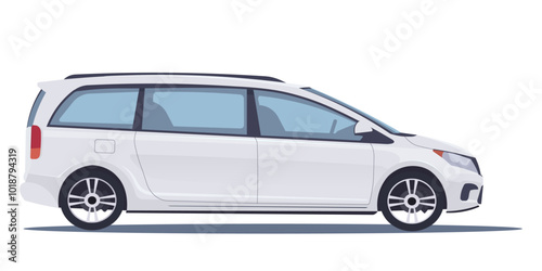 A side view of a white minivan in a simple graphic style on a plain background. Vector illustration