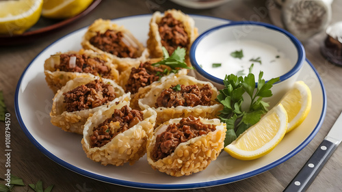 A plate of Shami Kebbeh, crispy fried bulgur shells filled with spiced meat and onions. Neatly arranged with lemon wedges, fresh parsley, and a side of yogurt for dipping.