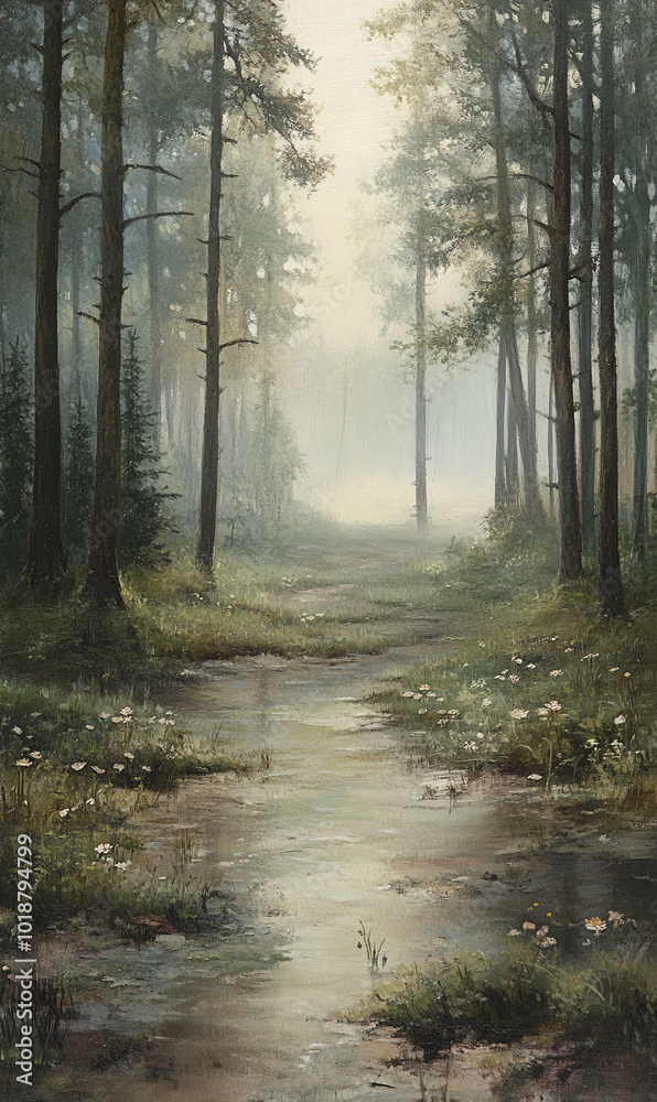 Fototapeta premium A quiet morning in a dense foggy forest at sunrise nature background