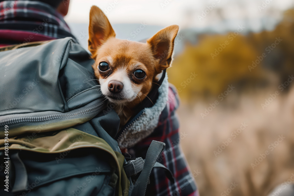 cute little chihuahua dog peeking out of a backpack on a guy's back cute little chihuahua dog peeking out of a backpack on a guy's back
