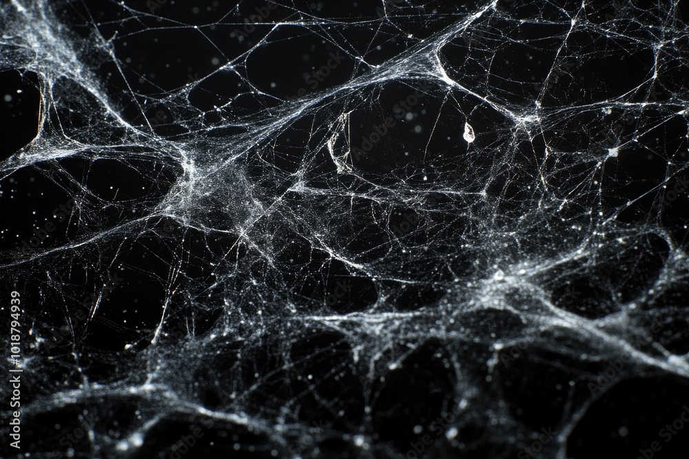 Close-up shot of a spider web on a black background, suitable for dark and mysterious themes Close-up shot of a spider web on a black background, suitable for dark and mysterious themes