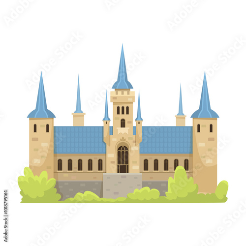 A castle featuring blue spires and stone walls, surrounded by greenery. Vector illustration