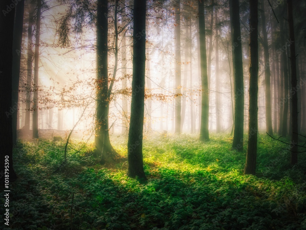 Fototapeta premium Foggy forest with sun rays