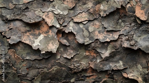 A close-up shot of a tree trunk with peeling bark, great for nature and outdoor themed designs photo