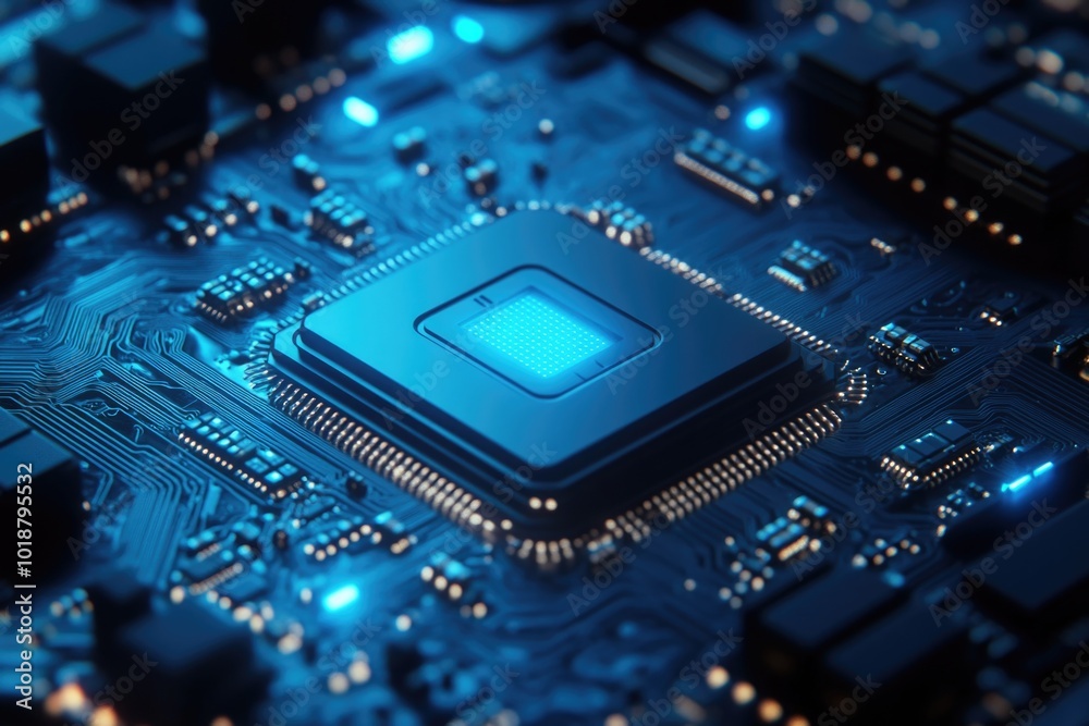 A detailed view of a computer motherboard's components and circuitry A detailed view of a computer motherboard's components and circuitry